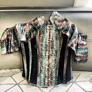 Corset story corset with overbust. Turquoise, black and silver.